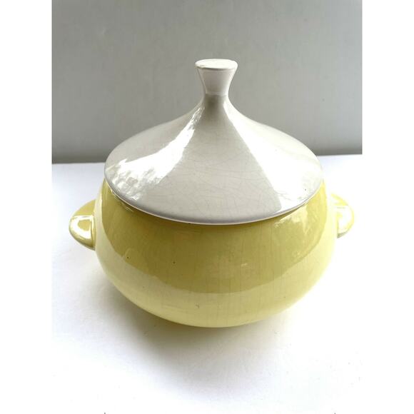 vtg covered dish calif pottery yellow white top SC3 mcm Calif USA mark on bottom - Picture 10 of 11